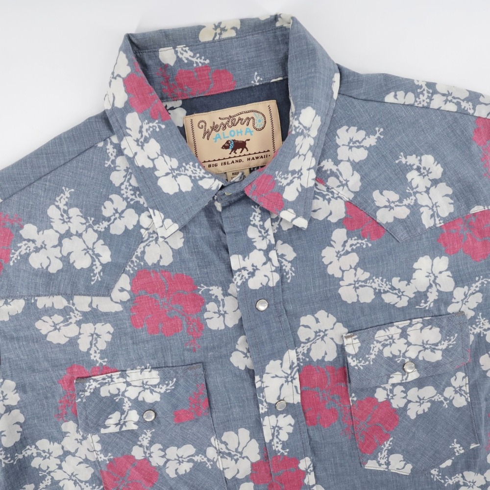 Western Aloha Hibiscus Pearl Snap Shirt Blue Short Sleeve Mens Size Large